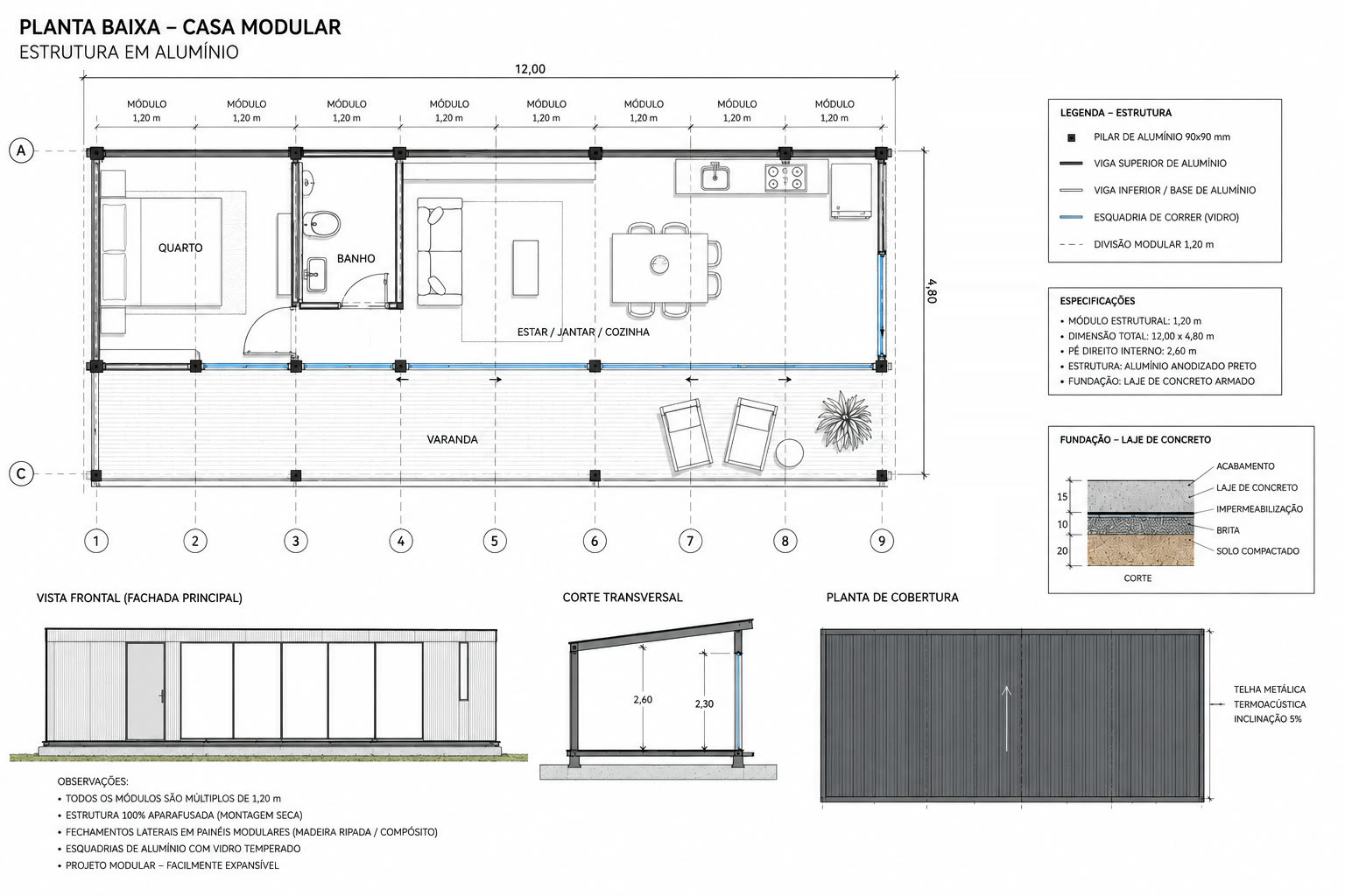Planta baixa da casa modular: 12,00 por 4,80 metros
