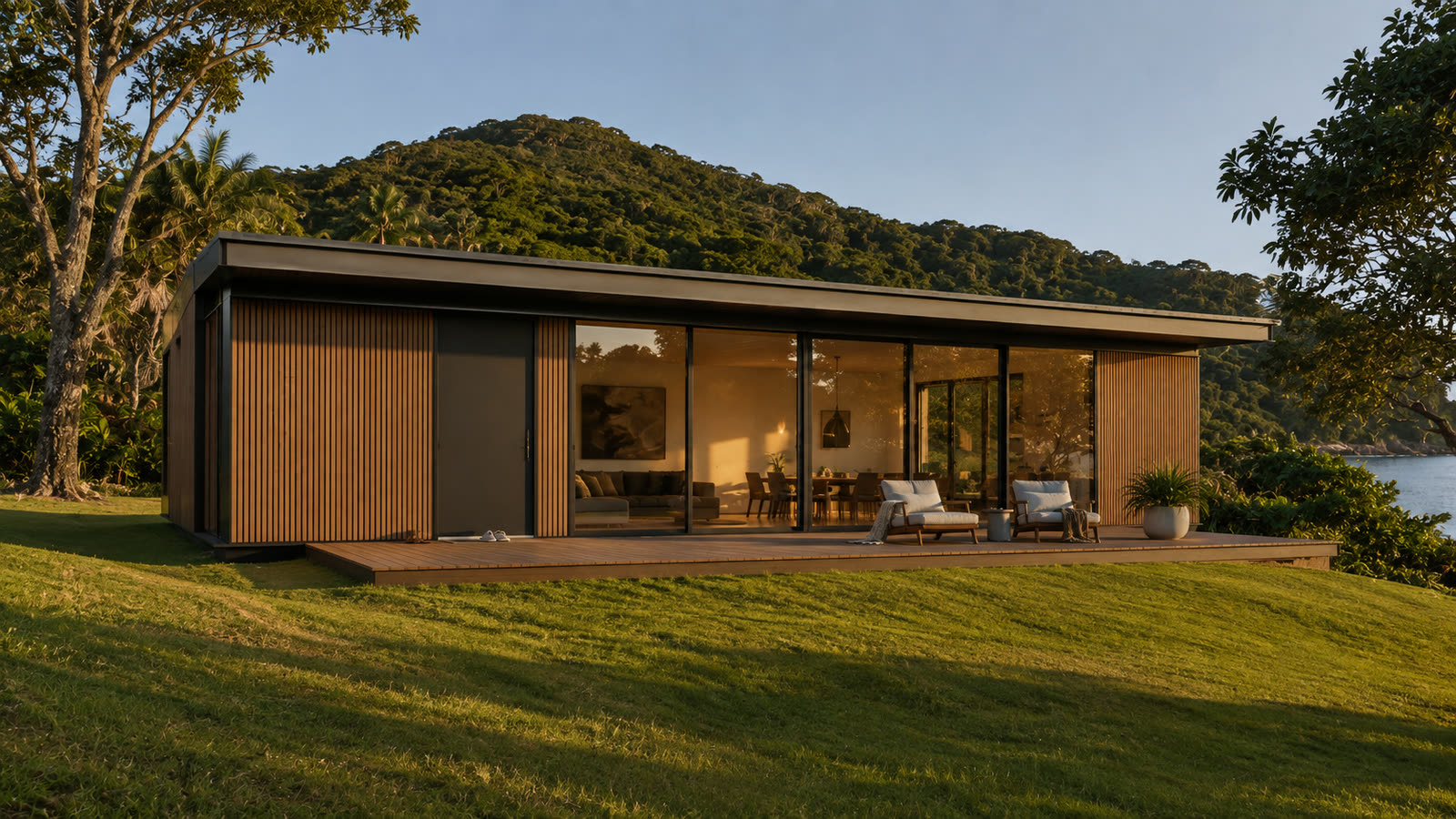 Casa pronta com deck, poltronas e vaso, na luz do fim da tarde